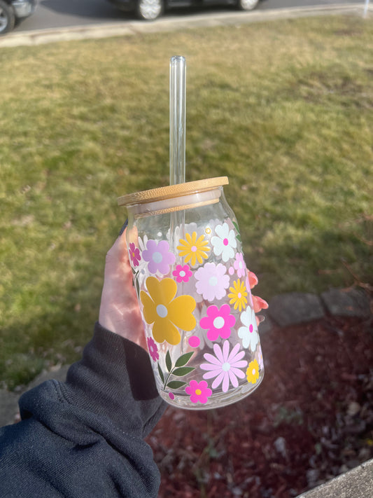 Flower Glass Tumbler with Glass Straw